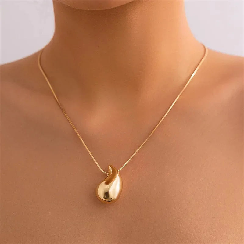 New Gold Color Stainless Steel Necklace For Women Jewelry Metal Vintage Waterdrop Pendant Earrings Necklace Set Birthday Gift