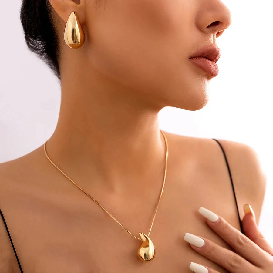 New Gold Color Stainless Steel Necklace For Women Jewelry Metal Vintage Waterdrop Pendant Earrings Necklace Set Birthday Gift